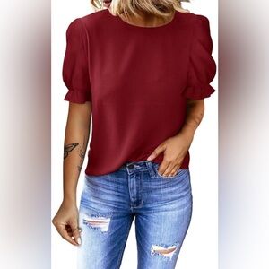 Dokotoo 2024 Summer Short Sleeve Ruffle Puff Sleeve Casual Loose Shirts Tops